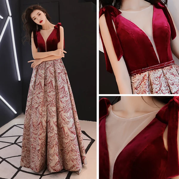 Chic / Belle Bordeaux Daim Jacquard Robe De Soirée 2019 Princesse Transparentes Col v profond Sans Manches Longue Volants Dos Nu Robe De Ceremonie