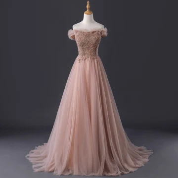 Elegant Pearl Pink Evening Dresses 2019 A Line Princess Off The Shoulder Short Sleeve Beading Sweep Train Ruffle Backless Formal Dresses