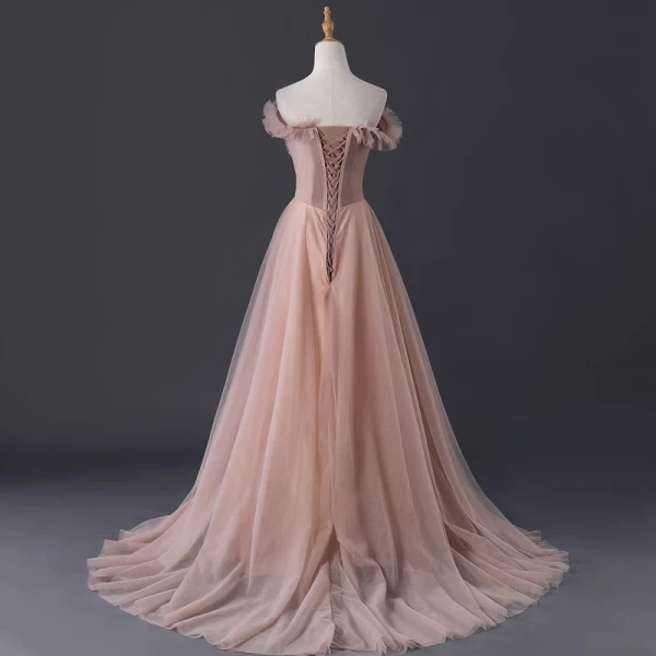 Elegante Pearl Rosa Abendkleider 2019 A Linie Off Shoulder Kurze Ärmel Perlenstickerei Sweep / Pinsel Zug Rüschen Rückenfreies Festliche Kleider
