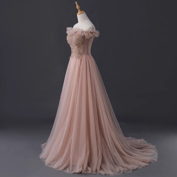 Elegante Pearl Rosa Abendkleider 2019 A Linie Off Shoulder Kurze Ärmel Perlenstickerei Sweep / Pinsel Zug Rüschen Rückenfreies Festliche Kleider
