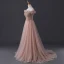 Elegante Pearl Rosa Abendkleider 2019 A Linie Off Shoulder Kurze Ärmel Perlenstickerei Sweep / Pinsel Zug Rüschen Rückenfreies Festliche Kleider
