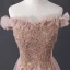 Elegante Pearl Rosa Abendkleider 2019 A Linie Off Shoulder Kurze Ärmel Perlenstickerei Sweep / Pinsel Zug Rüschen Rückenfreies Festliche Kleider