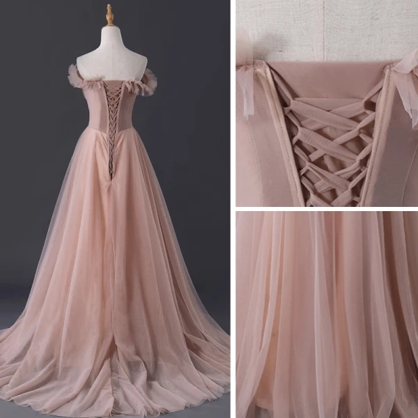 Elegante Pearl Rosa Abendkleider 2019 A Linie Off Shoulder Kurze Ärmel Perlenstickerei Sweep / Pinsel Zug Rüschen Rückenfreies Festliche Kleider