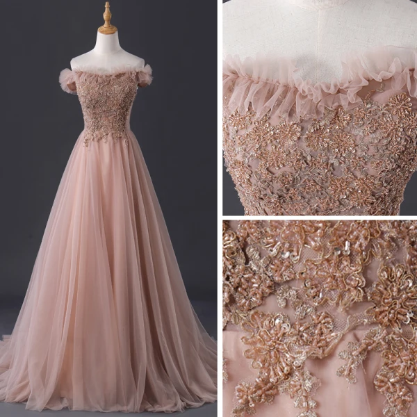 Elegante Pearl Rosa Abendkleider 2019 A Linie Off Shoulder Kurze Ärmel Perlenstickerei Sweep / Pinsel Zug Rüschen Rückenfreies Festliche Kleider