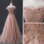 Elegante Pearl Rosa Abendkleider 2019 A Linie Off Shoulder Kurze Ärmel Perlenstickerei Sweep / Pinsel Zug Rüschen Rückenfreies Festliche Kleider