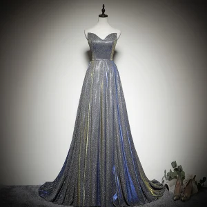 Bling Bling Sølv Selskapskjoler 2019 Prinsesse Kjæreste Uten Ermer Glitter Polyester Feie Tog Buste Ryggløse Formelle Kjoler