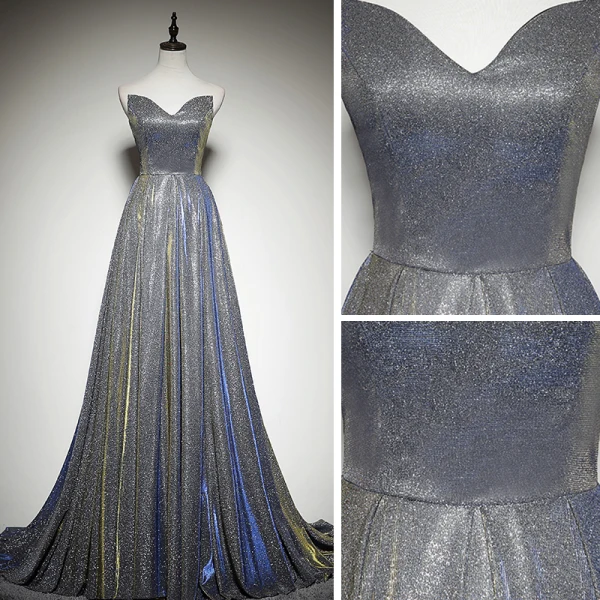 Bling Bling Silber Abendkleider 2019 A Linie Herz-Ausschnitt Ärmellos Glanz Polyester Sweep / Pinsel Zug Rüschen Rückenfreies Festliche Kleider