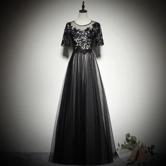 Élégant Noire Transparentes Robe De Soirée 2019 Princesse Encolure Dégagée 1 2 Manches Appliques En Dentelle Longue Volants Robe De Ceremonie