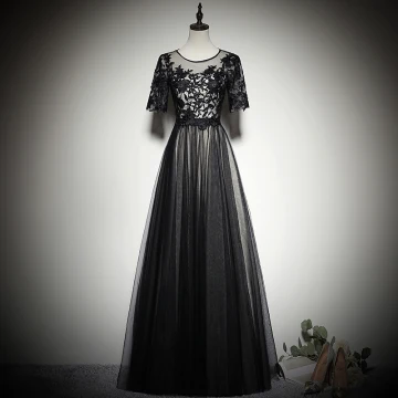 Élégant Noire Transparentes Robe De Soirée 2019 Princesse Encolure Dégagée 1 2 Manches Appliques En Dentelle Longue Volants Robe De Ceremonie