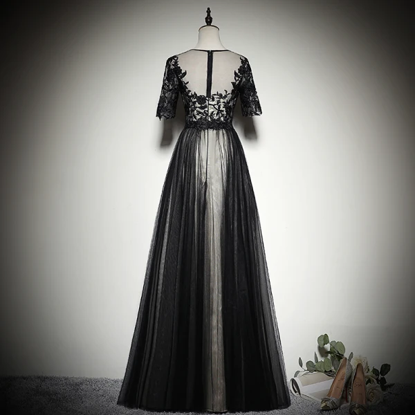 Elegant Black See-through Evening Dresses  2019 A-Line / Princess Scoop Neck 1/2 Sleeves Appliques Lace Floor-Length / Long Ruffle Formal Dresses