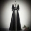 Elegant Black See-through Evening Dresses  2019 A-Line / Princess Scoop Neck 1/2 Sleeves Appliques Lace Floor-Length / Long Ruffle Formal Dresses