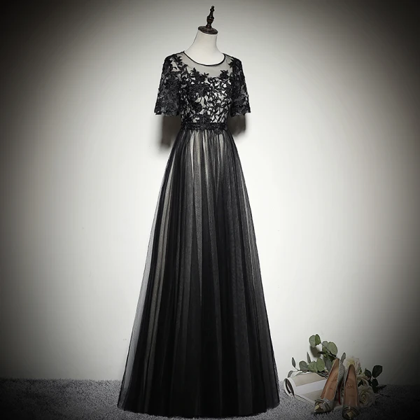 Elegant Black See-through Evening Dresses  2019 A-Line / Princess Scoop Neck 1/2 Sleeves Appliques Lace Floor-Length / Long Ruffle Formal Dresses