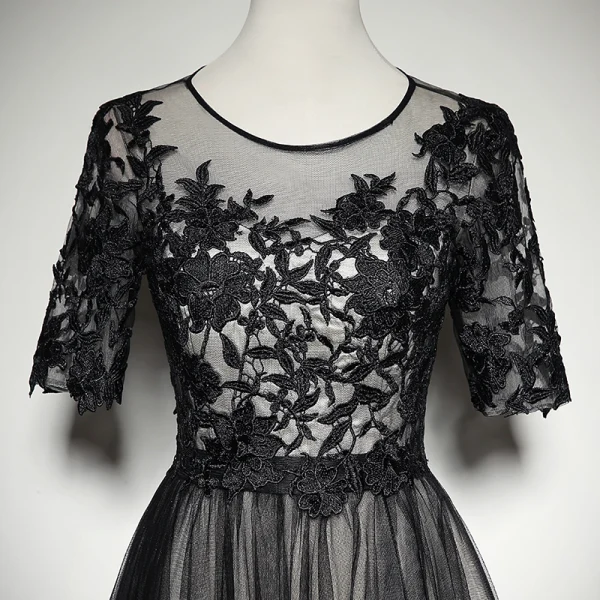 Elegant Black See-through Evening Dresses  2019 A-Line / Princess Scoop Neck 1/2 Sleeves Appliques Lace Floor-Length / Long Ruffle Formal Dresses
