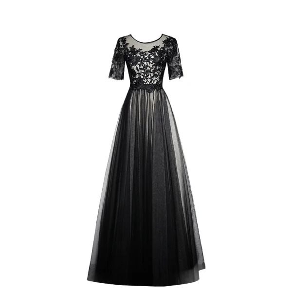 Elegant Black See-through Evening Dresses  2019 A-Line / Princess Scoop Neck 1/2 Sleeves Appliques Lace Floor-Length / Long Ruffle Formal Dresses
