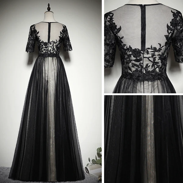 Elegant Black See-through Evening Dresses  2019 A-Line / Princess Scoop Neck 1/2 Sleeves Appliques Lace Floor-Length / Long Ruffle Formal Dresses