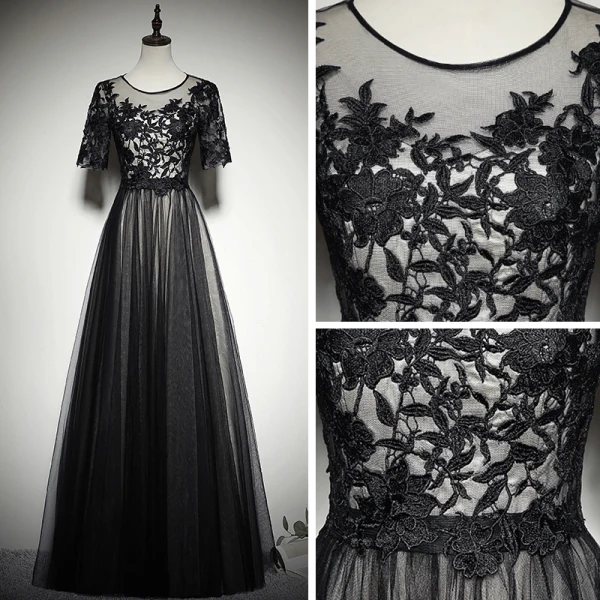 Elegant Black See-through Evening Dresses  2019 A-Line / Princess Scoop Neck 1/2 Sleeves Appliques Lace Floor-Length / Long Ruffle Formal Dresses