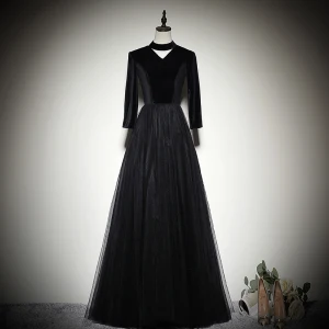 Simple Noire Daim Robe De Soirée 2019 Princesse Col Haut 3 4 Manches Longue Volants Robe De Ceremonie