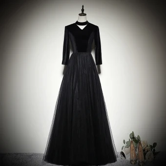 Simple Noire Daim Robe De Soirée 2019 Princesse Col Haut 3 4 Manches Longue Volants Robe De Ceremonie