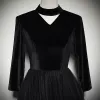 Modest / Simple Black Suede Evening Dresses  2019 A-Line / Princess High Neck 3/4 Sleeve Floor-Length / Long Ruffle Formal Dresses