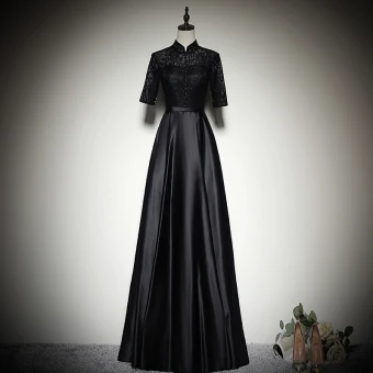 Chinese Style Black Satin Evening Dresses 2019 A Line Princess High Neck 1 2 Sleeves Sash Floor Length Long Ruffle Formal Dresses
