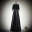 Chinese style Black Satin Evening Dresses  2019 A-Line / Princess High Neck 1/2 Sleeves Sash Floor-Length / Long Ruffle Formal Dresses