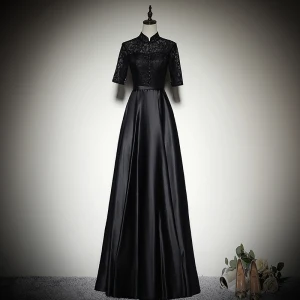 Chinese Style Black Satin Evening Dresses 2019 A Line Princess High Neck 1 2 Sleeves Sash Floor Length Long Ruffle Formal Dresses