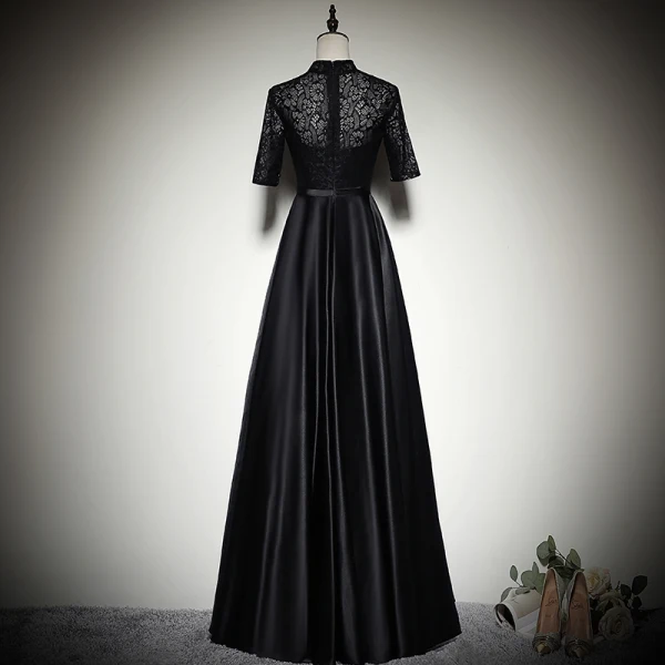 Chinese style Black Satin Evening Dresses 2019 A-Line / Princess High Neck 1/2 Sleeves Sash Floor-Length / Long Ruffle Formal Dresses