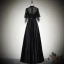 Chinese style Black Satin Evening Dresses  2019 A-Line / Princess High Neck 1/2 Sleeves Sash Floor-Length / Long Ruffle Formal Dresses