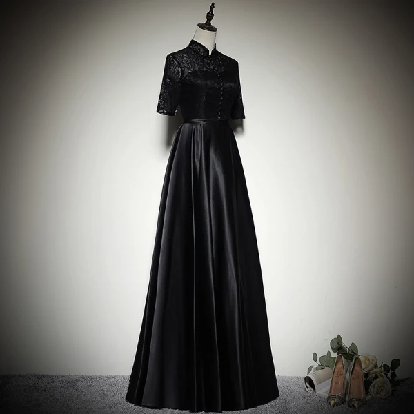 Chinese style Black Satin Evening Dresses 2019 A-Line / Princess High Neck 1/2 Sleeves Sash Floor-Length / Long Ruffle Formal Dresses