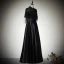 Chinese style Black Satin Evening Dresses  2019 A-Line / Princess High Neck 1/2 Sleeves Sash Floor-Length / Long Ruffle Formal Dresses