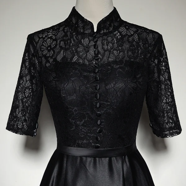 Chinese style Black Satin Evening Dresses 2019 A-Line / Princess High Neck 1/2 Sleeves Sash Floor-Length / Long Ruffle Formal Dresses