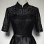 Chinese style Black Satin Evening Dresses  2019 A-Line / Princess High Neck 1/2 Sleeves Sash Floor-Length / Long Ruffle Formal Dresses