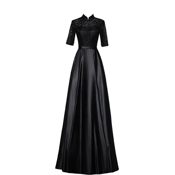 Chinese style Black Satin Evening Dresses 2019 A-Line / Princess High Neck 1/2 Sleeves Sash Floor-Length / Long Ruffle Formal Dresses