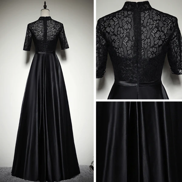 Chinese style Black Satin Evening Dresses 2019 A-Line / Princess High Neck 1/2 Sleeves Sash Floor-Length / Long Ruffle Formal Dresses