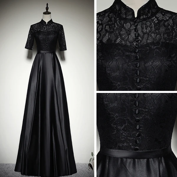 Chinese style Black Satin Evening Dresses 2019 A-Line / Princess High Neck 1/2 Sleeves Sash Floor-Length / Long Ruffle Formal Dresses
