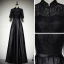 Chinese style Black Satin Evening Dresses  2019 A-Line / Princess High Neck 1/2 Sleeves Sash Floor-Length / Long Ruffle Formal Dresses