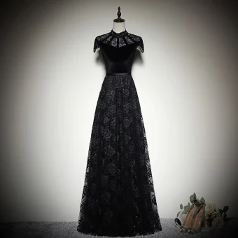 Vintage Originale Noire Daim Dentelle Robe De Soirée 2019 Princesse Col Haut Mancherons Ceinture Longue Volants Robe De Ceremonie