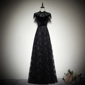 Vintage Retro Black Suede Lace Evening Dresses 2019 A Line Princess High Neck Cap Sleeves Sash Floor Length Long Ruffle Formal Dresses