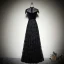 Vintage / Retro Black Suede Lace Evening Dresses  2019 A-Line / Princess High Neck Cap Sleeves Sash Floor-Length / Long Ruffle Formal Dresses