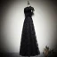 Vintage / Retro Black Suede Lace Evening Dresses  2019 A-Line / Princess High Neck Cap Sleeves Sash Floor-Length / Long Ruffle Formal Dresses