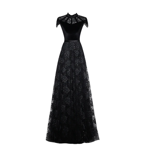 Vintage / Retro Black Suede Lace Evening Dresses 2019 A-Line / Princess High Neck Cap Sleeves Sash Floor-Length / Long Ruffle Formal Dresses