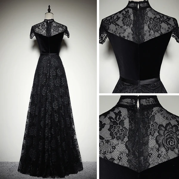 Vintage / Retro Black Suede Lace Evening Dresses 2019 A-Line / Princess High Neck Cap Sleeves Sash Floor-Length / Long Ruffle Formal Dresses