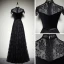 Vintage / Retro Black Suede Lace Evening Dresses  2019 A-Line / Princess High Neck Cap Sleeves Sash Floor-Length / Long Ruffle Formal Dresses