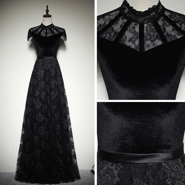 Vintage / Retro Black Suede Lace Evening Dresses 2019 A-Line / Princess High Neck Cap Sleeves Sash Floor-Length / Long Ruffle Formal Dresses