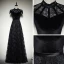 Vintage / Retro Black Suede Lace Evening Dresses  2019 A-Line / Princess High Neck Cap Sleeves Sash Floor-Length / Long Ruffle Formal Dresses