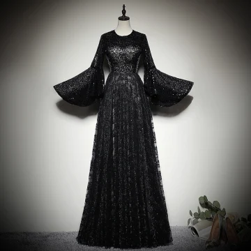 Chic Beautiful Black Lace Evening Dresses 2019 A Line Princess Scoop Neck Bell Sleeves Glitter Sequins Floor Length Long Ruffle Formal Dresses