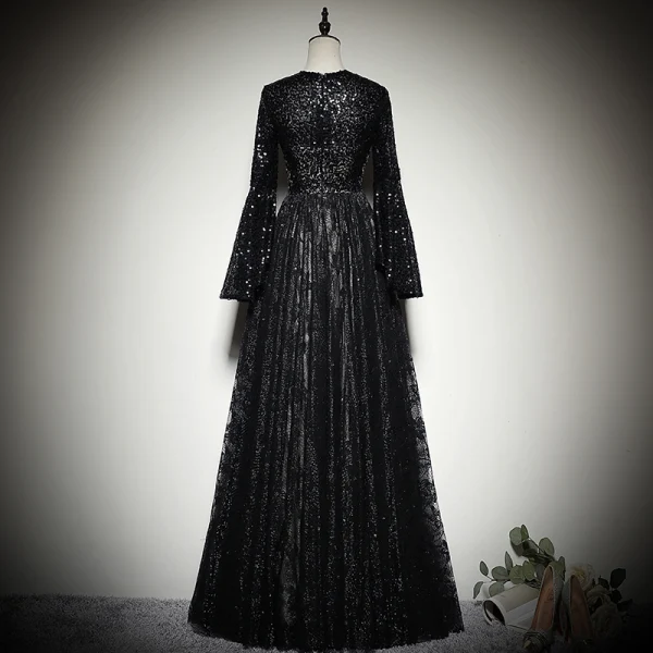 Chic / Beautiful Black Lace Evening Dresses 2019 A-Line / Princess Scoop Neck Bell sleeves Glitter Sequins Floor-Length / Long Ruffle Formal Dresses