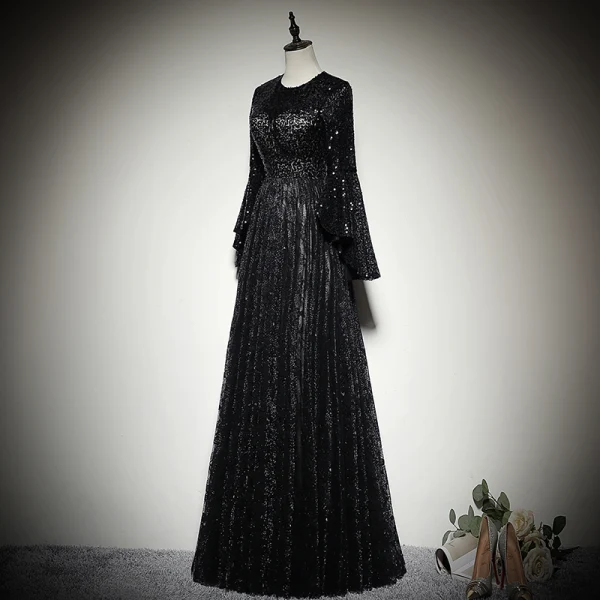 Chic / Beautiful Black Lace Evening Dresses 2019 A-Line / Princess Scoop Neck Bell sleeves Glitter Sequins Floor-Length / Long Ruffle Formal Dresses