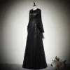 Chic / Beautiful Black Lace Evening Dresses  2019 A-Line / Princess Scoop Neck Bell sleeves Glitter Sequins Floor-Length / Long Ruffle Formal Dresses