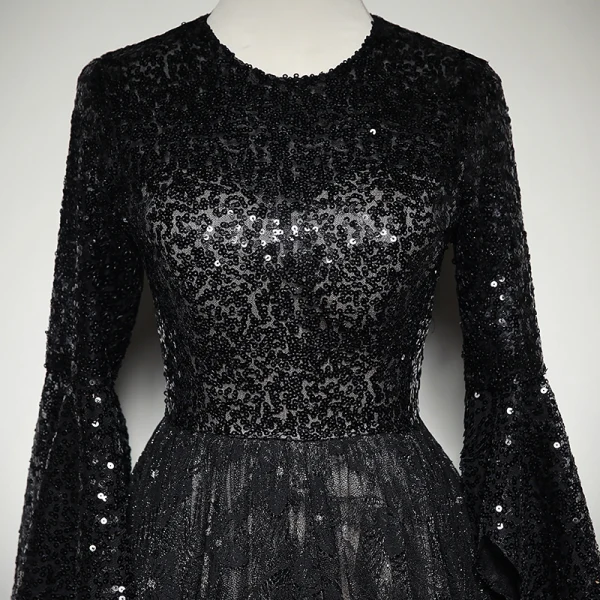 Chic / Beautiful Black Lace Evening Dresses 2019 A-Line / Princess Scoop Neck Bell sleeves Glitter Sequins Floor-Length / Long Ruffle Formal Dresses
